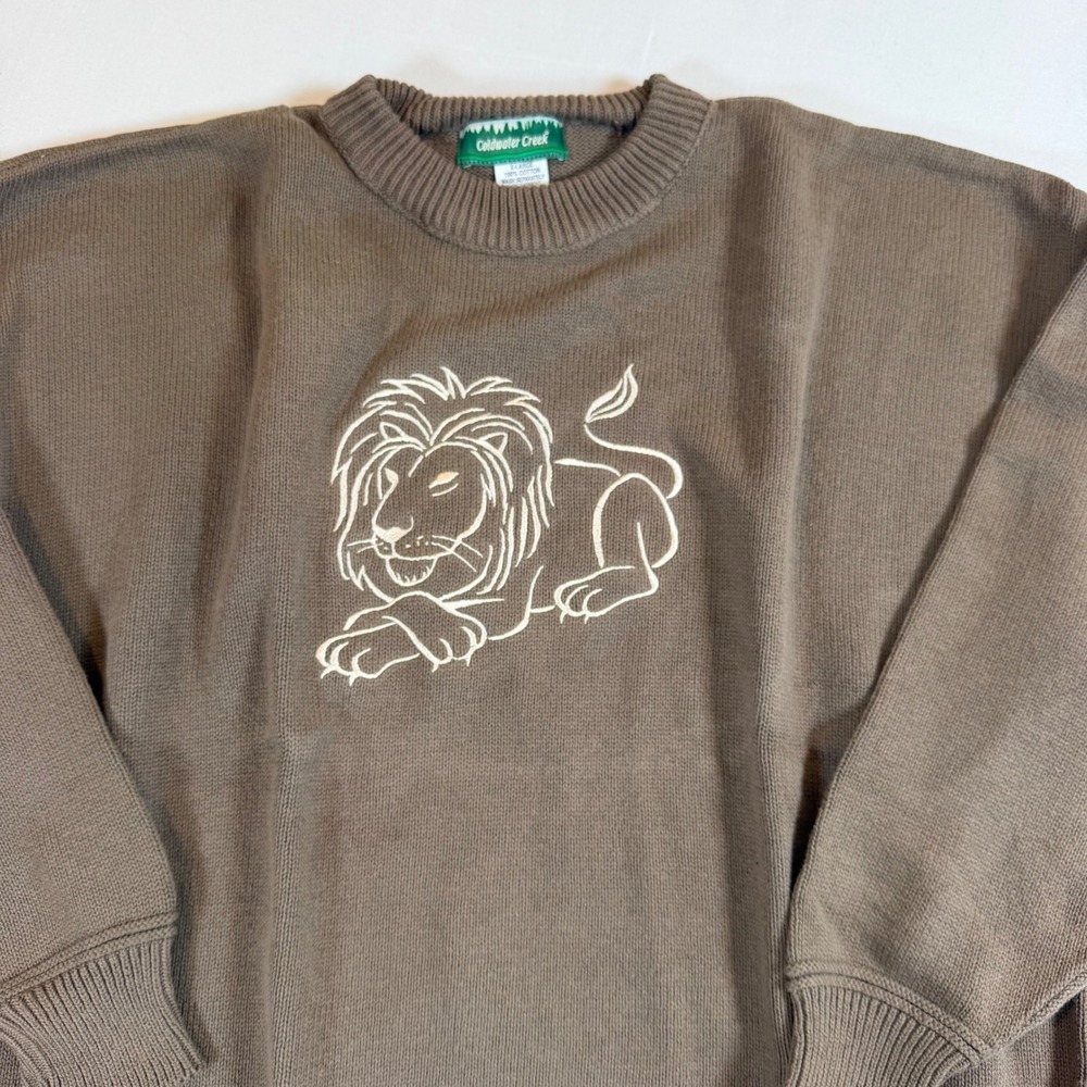 Vtg Lion Sweater XL Brown Cotton Knit Embroidered USA Safari Grunge Jumper - Picture 3 of 7